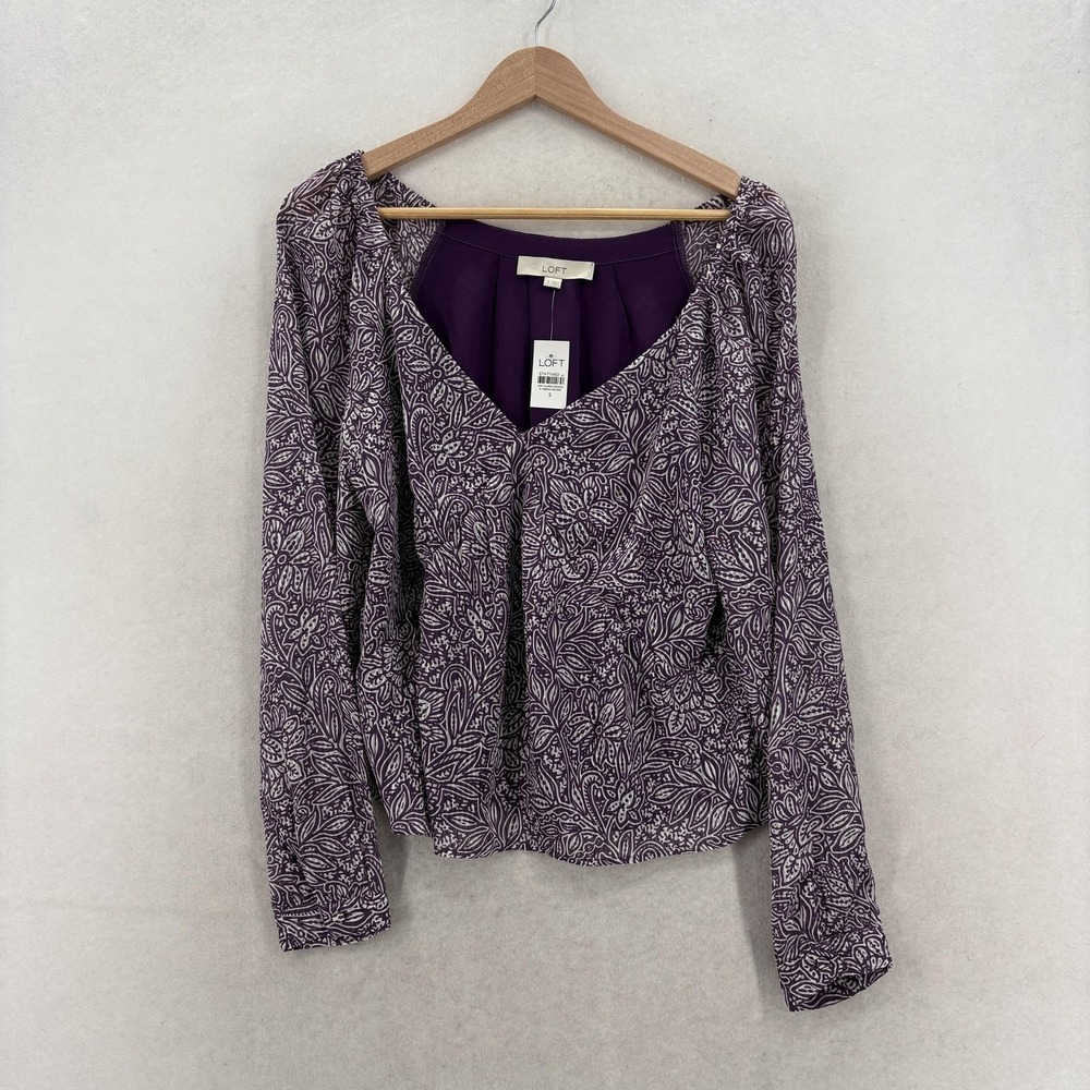 LOFT Blouse Womens Small Purple Floral Off Shoulder Long Puff Sleeve Top NWT